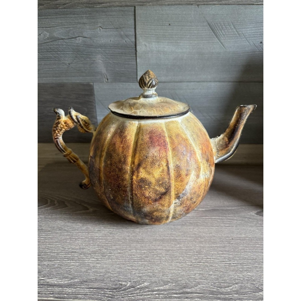 Rustic Hammered Metal Pumpkin Teapot Kettle Country Fall Decor Halloween